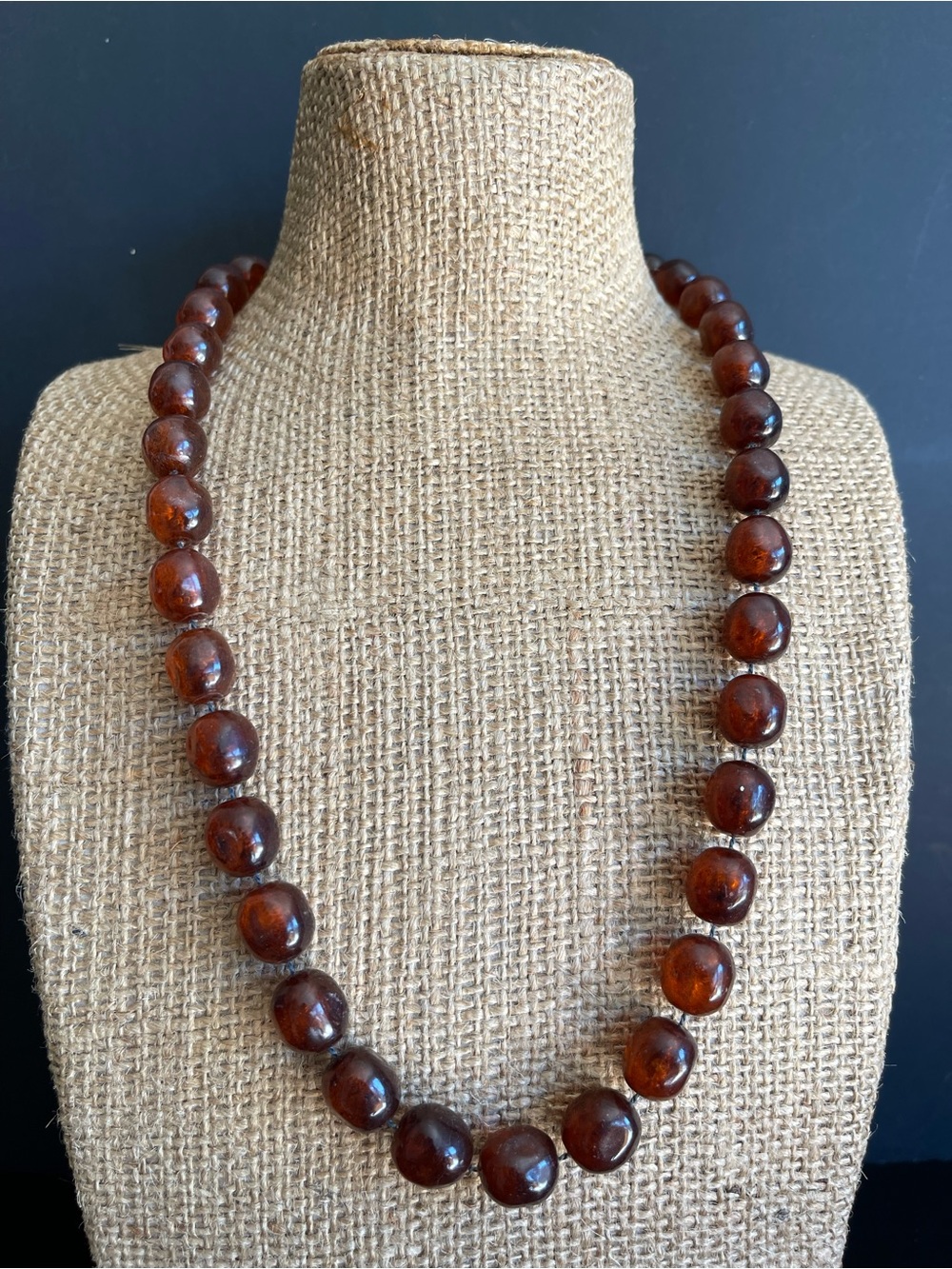Vintage faux Amber Brown Beaded Necklace .